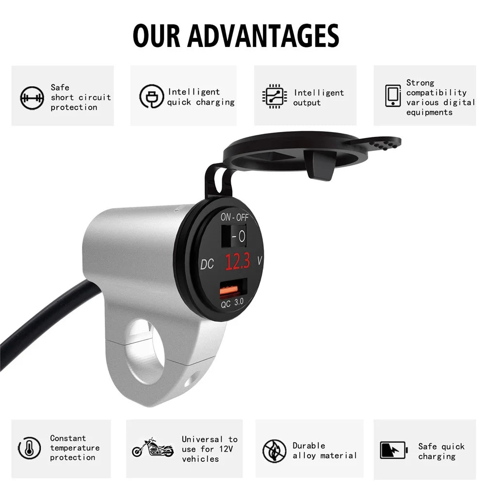 WUPP ZH-975 Motorcycle Handlebar 2.4A USB Phone Charger Aluminum Alloy Waterproof Voltage Digital Display QC3.0 Fast Charge Adapter with Switch - Silver - 4