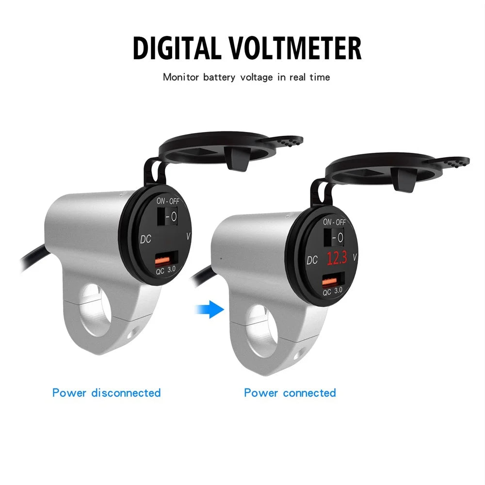 WUPP ZH-975 Motorcycle Handlebar 2.4A USB Phone Charger Aluminum Alloy Waterproof Voltage Digital Display QC3.0 Fast Charge Adapter with Switch - Silver - 5