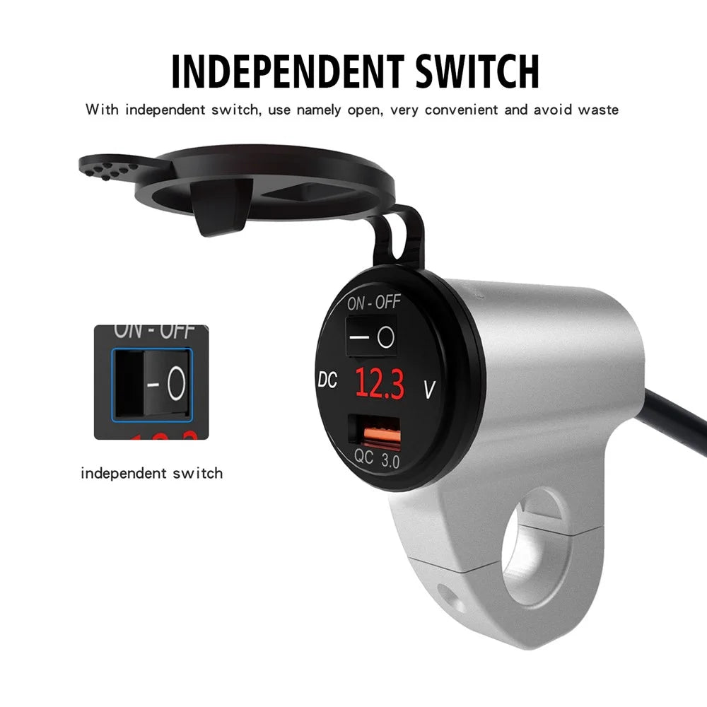 WUPP ZH-975 Motorcycle Handlebar 2.4A USB Phone Charger Aluminum Alloy Waterproof Voltage Digital Display QC3.0 Fast Charge Adapter with Switch - Silver - 6