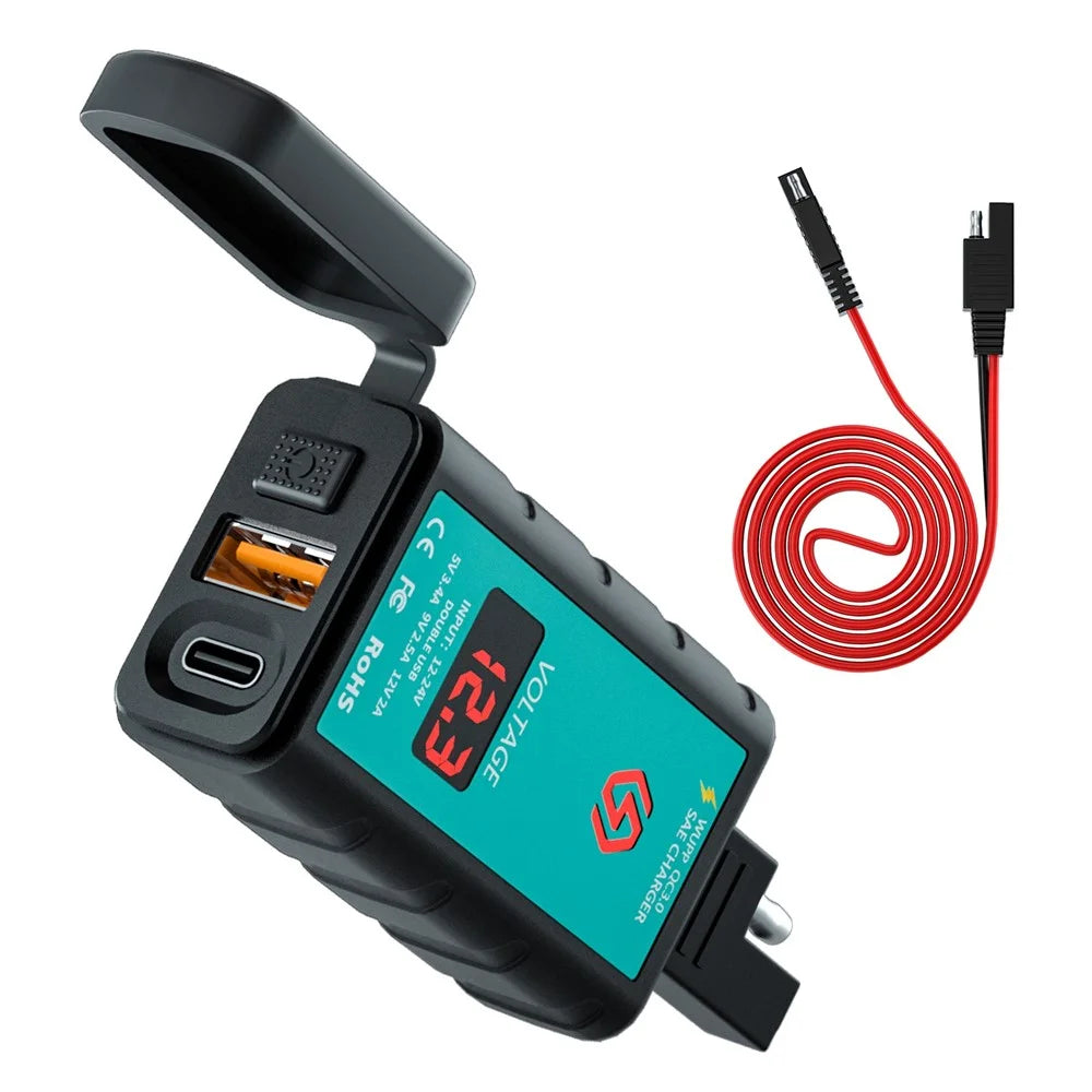 ZH-1422B2 Motorcycle Handlebar Charger USB+Type-C Port Adapter Socket, with Voltmeter Display and 1m SAE Extension Cable - 1