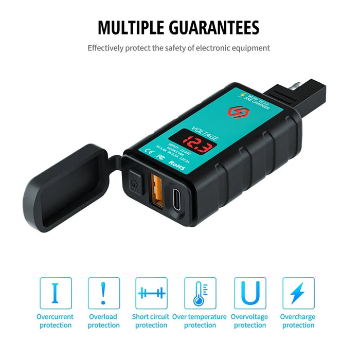 ZH-1422B2 Motorcycle Handlebar Charger USB+Type-C Port Adapter Socket, with Voltmeter Display and 1m SAE Extension Cable - 4
