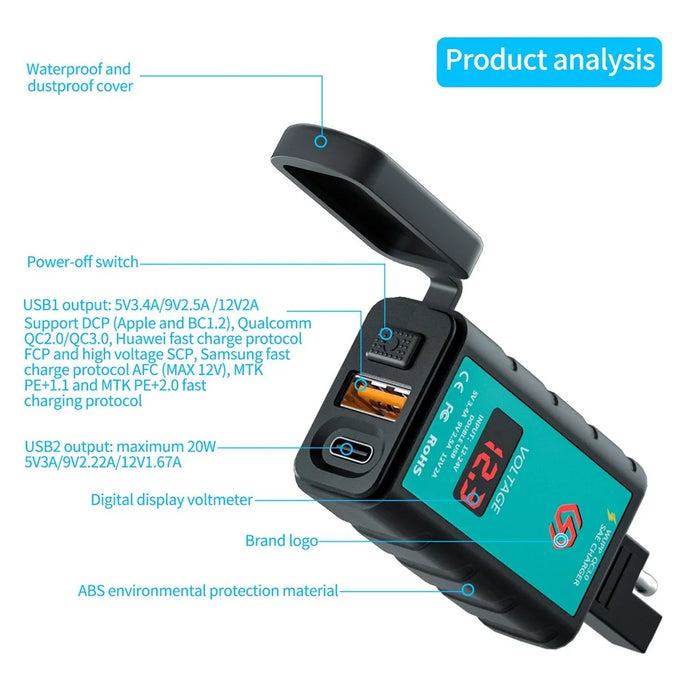 ZH-1422B2 Motorcycle Handlebar Charger USB+Type-C Port Adapter Socket, with Voltmeter Display and 1m SAE Extension Cable - 5