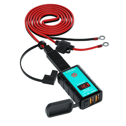 ZH-1422A3 Dual USB Port 5V 3.4A Power Adapter Socket Motorcycle Handlebar Voltmeter Display Fast Charger with 1.4m SAE+OT Terminal Cable - 1