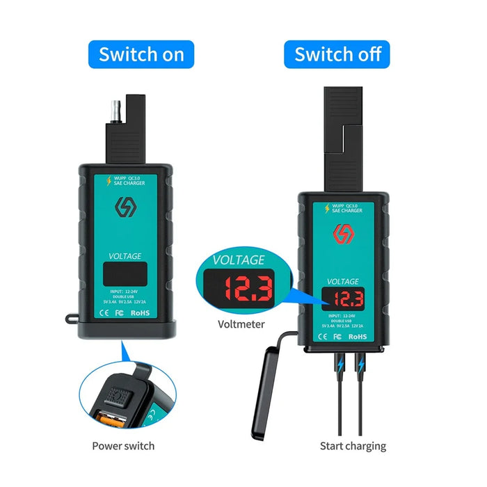 ZH-1422A3 Dual USB Port 5V 3.4A Power Adapter Socket Motorcycle Handlebar Voltmeter Display Fast Charger with 1.4m SAE+OT Terminal Cable - 5