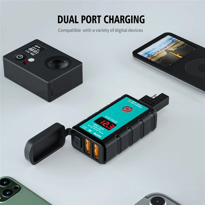 ZH-1422A3 Dual USB Port 5V 3.4A Power Adapter Socket Motorcycle Handlebar Voltmeter Display Fast Charger with 1.4m SAE+OT Terminal Cable - 6