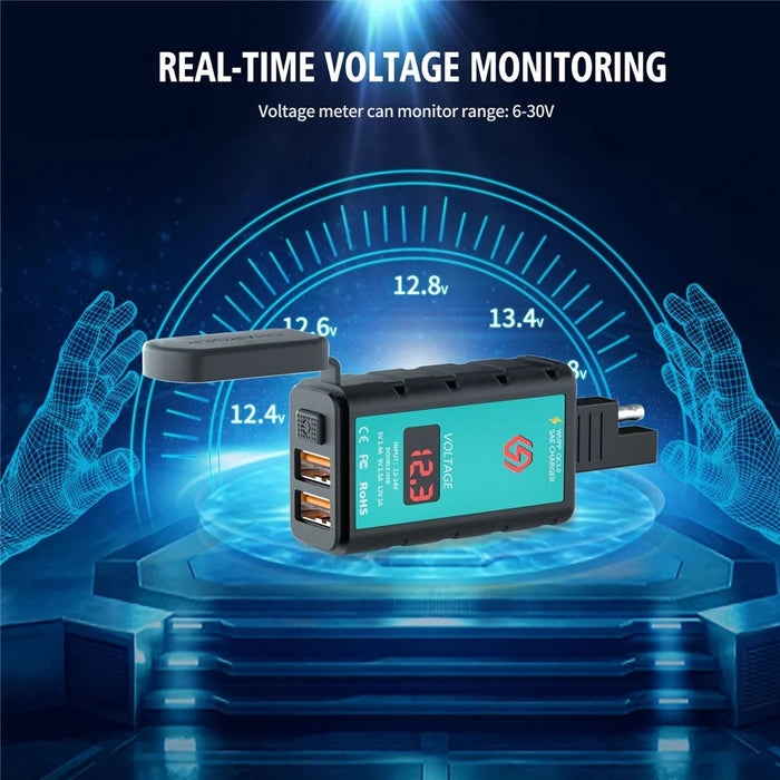 ZH-1422A3 Dual USB Port 5V 3.4A Power Adapter Socket Motorcycle Handlebar Voltmeter Display Fast Charger with 1.4m SAE+OT Terminal Cable - 7