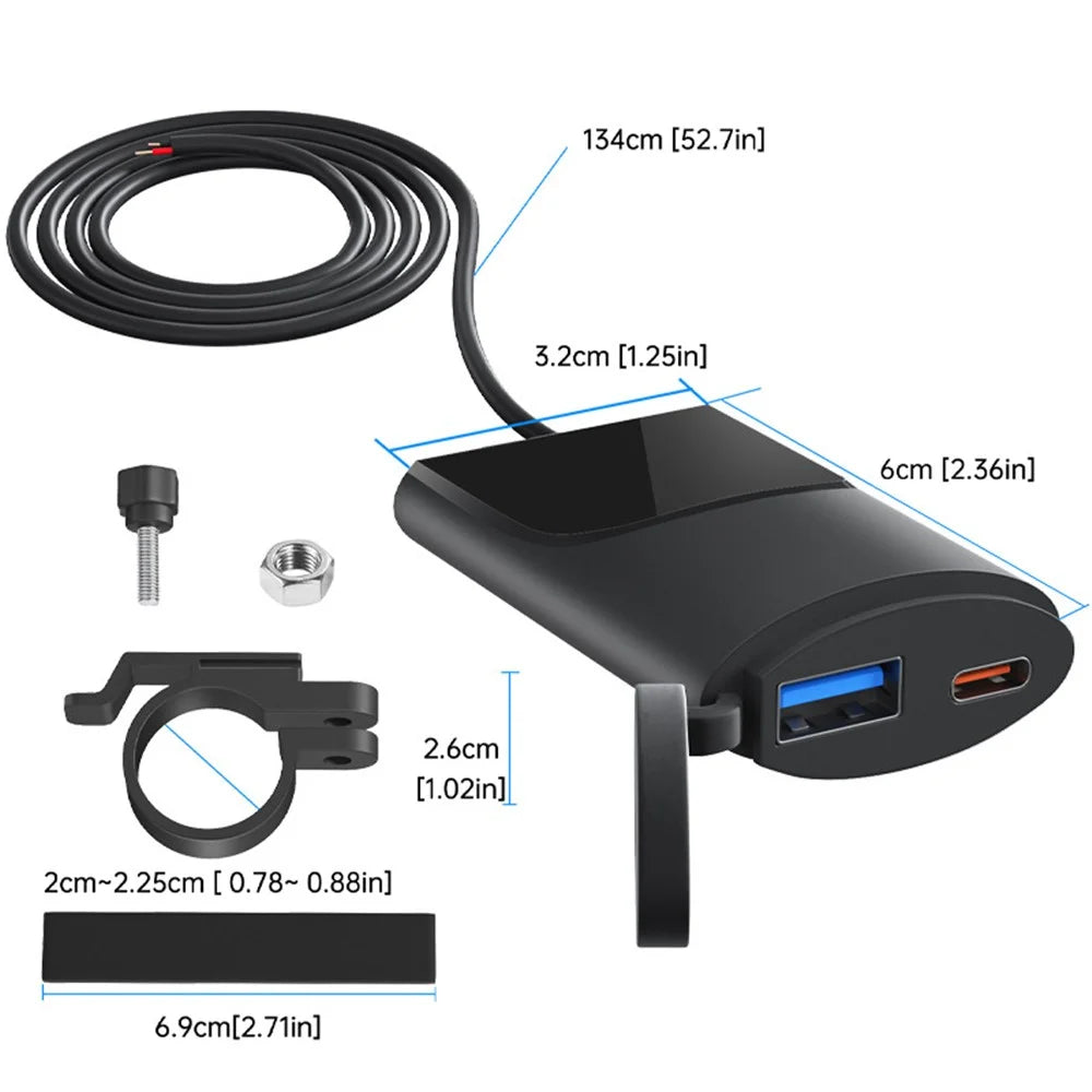 WUPP ZH-1927B1 Motorcycle Handlebar Phone Charger Ultra-Thin USB A+Type-C QC3.0 Charger - 7
