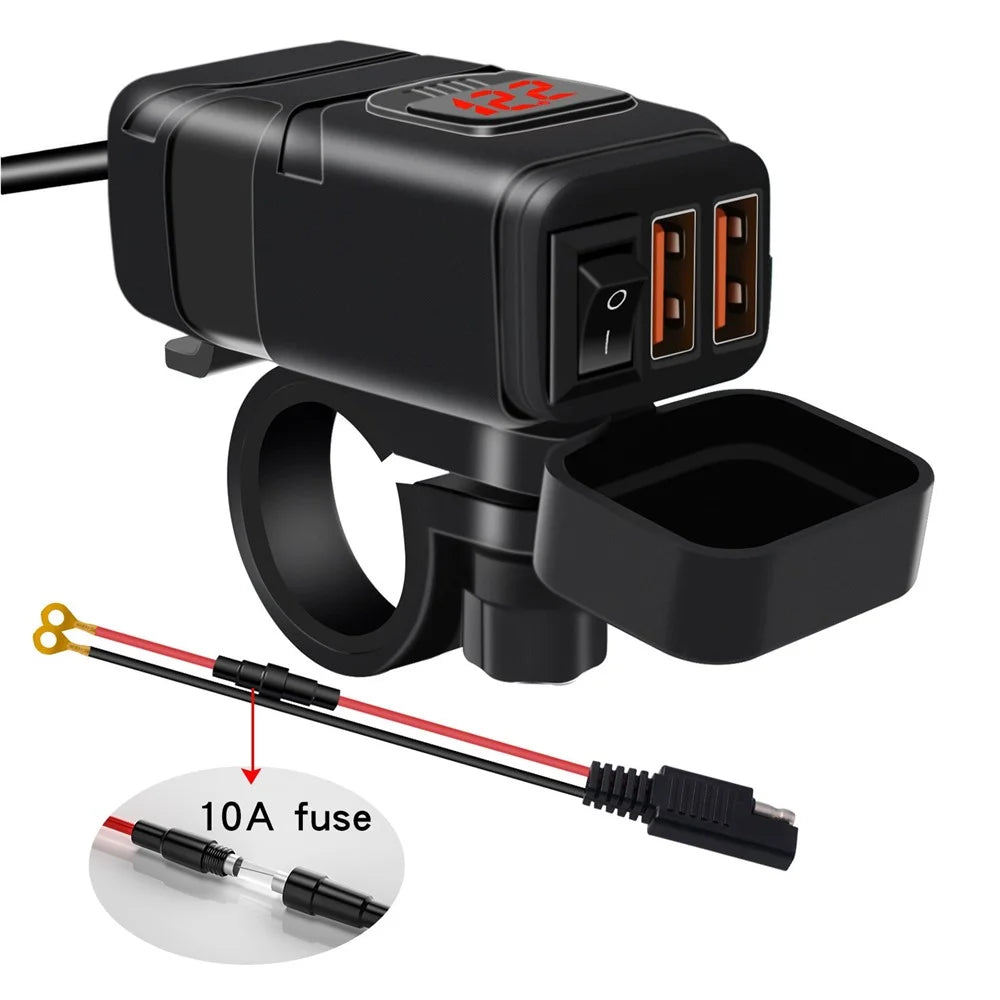 WUPP ZH-854A Motorcycle Handlebar Dual USB QC3.0 Phone Charger Voltmeter Fast Charge Adapter with Switch - Red Voltmeter - 1