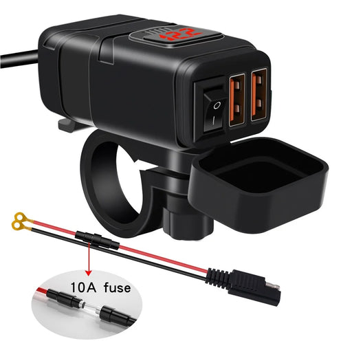 WUPP ZH-854A Motorcycle Handlebar Dual USB QC3.0 Phone Charger Voltmeter Fast Charge Adapter with Switch - Red Voltmeter - 1