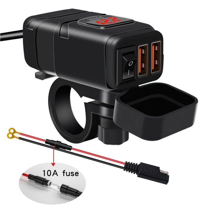 WUPP ZH-854A Motorcycle Handlebar Dual USB QC3.0 Phone Charger Voltmeter Fast Charge Adapter with Switch - Red Voltmeter - 1
