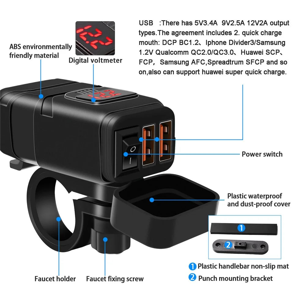WUPP ZH-854A Motorcycle Handlebar Dual USB QC3.0 Phone Charger Voltmeter Fast Charge Adapter with Switch - Red Voltmeter - 5