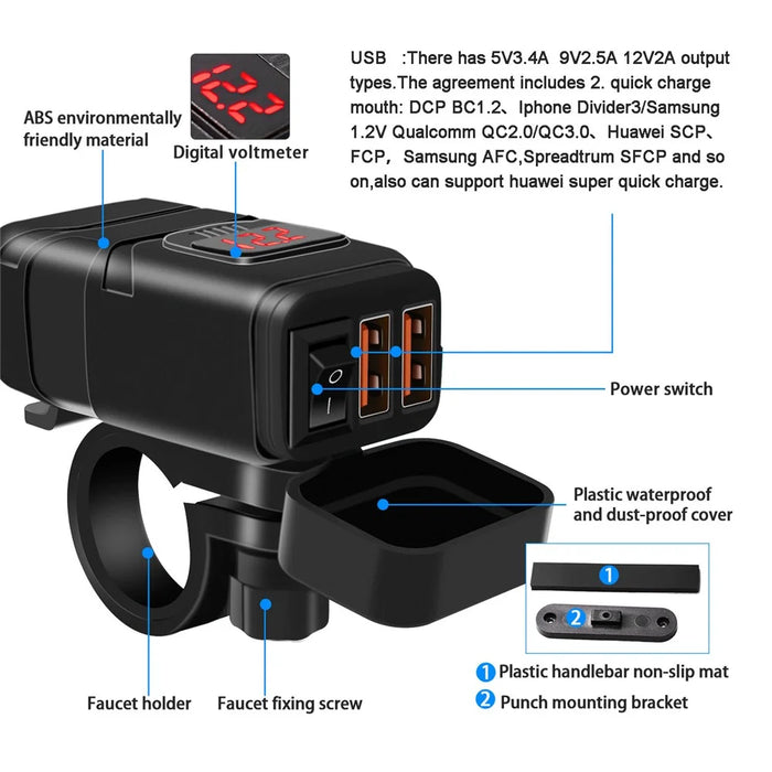 WUPP ZH-854A Motorcycle Handlebar Dual USB QC3.0 Phone Charger Voltmeter Fast Charge Adapter with Switch - Red Voltmeter - 5