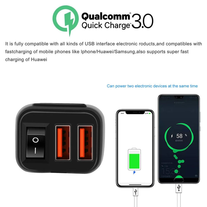 WUPP ZH-854A Motorcycle Handlebar Dual USB QC3.0 Phone Charger Voltmeter Fast Charge Adapter with Switch - Red Voltmeter - 7