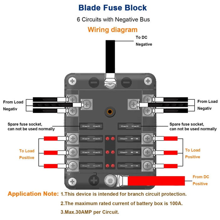 WUPP CS-3394A1 6 Way Blade Fuse Block with Negative Bus LED Indicator for Car Boat Van SUV - 4