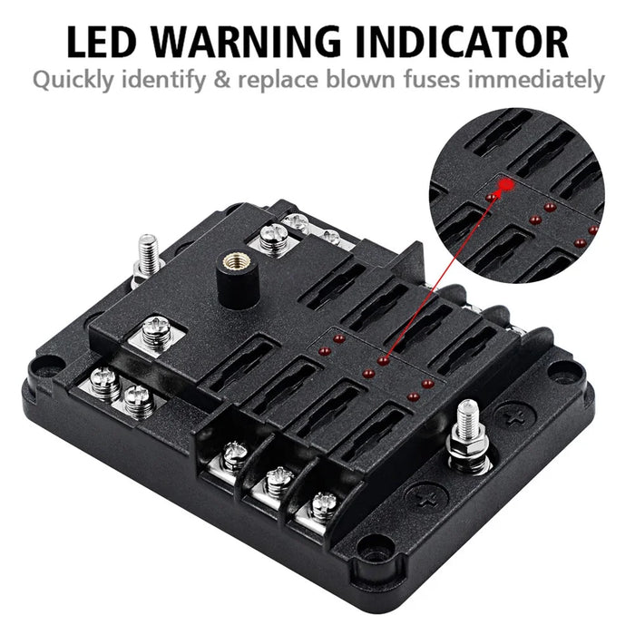WUPP CS-3394A1 6 Way Blade Fuse Block with Negative Bus LED Indicator for Car Boat Van SUV - 7