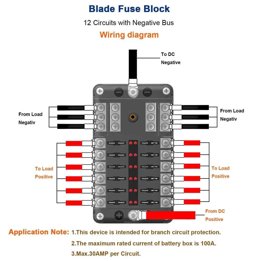 WUPP CS-339C1 12 Way Blade Fuse Block with Negative Bus LED Indicator for Car Boat Van SUV - 2