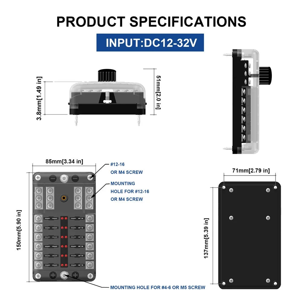WUPP CS-339C1 12 Way Blade Fuse Block with Negative Bus LED Indicator for Car Boat Van SUV - 3
