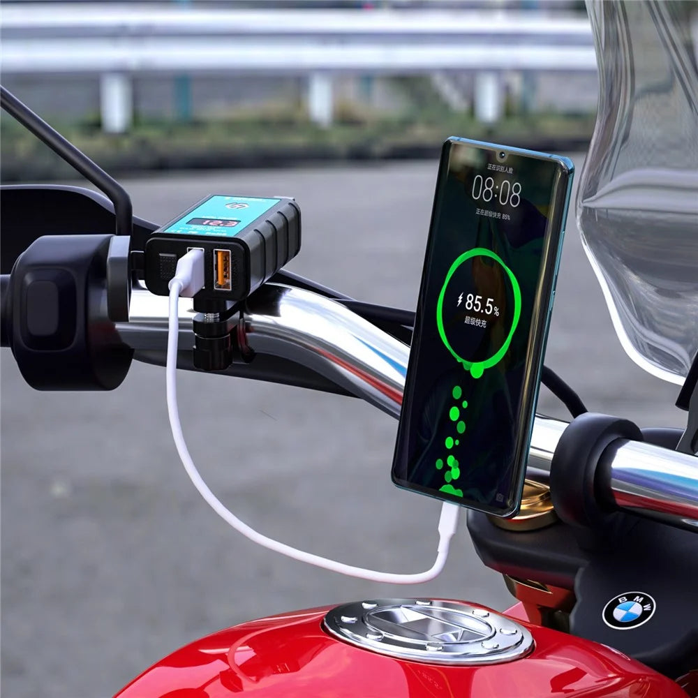 ZH-1422A2 5V 3.4A Dual USB Port Adapter Socket Motorcycle Handlebar Fast Charger, with Voltmeter Display and 1m SAE Extension Cable - 2