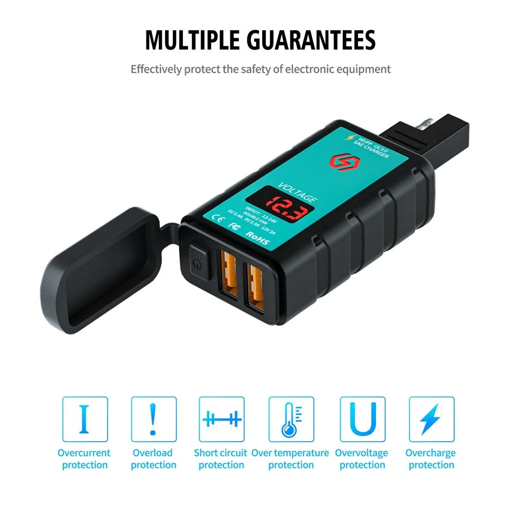 ZH-1422A2 5V 3.4A Dual USB Port Adapter Socket Motorcycle Handlebar Fast Charger, with Voltmeter Display and 1m SAE Extension Cable - 4