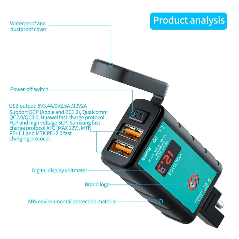 ZH-1422A2 5V 3.4A Dual USB Port Adapter Socket Motorcycle Handlebar Fast Charger, with Voltmeter Display and 1m SAE Extension Cable - 5