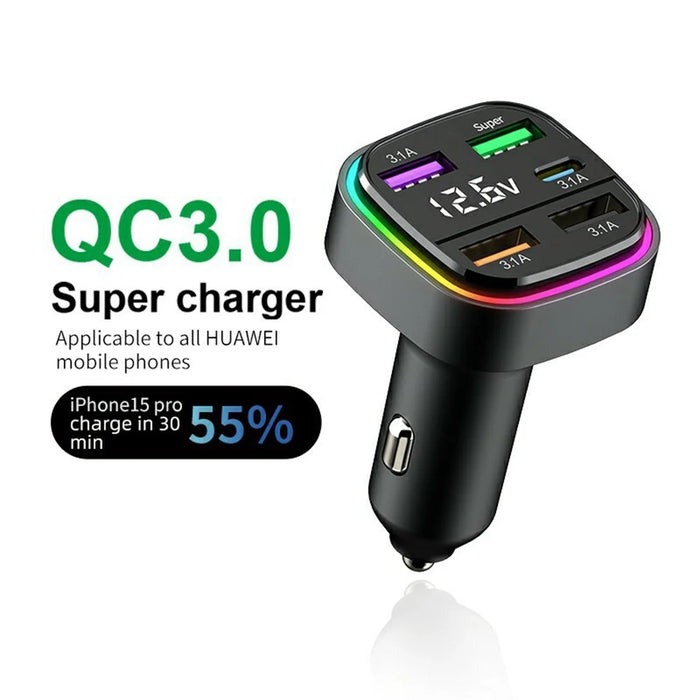 K34 5 Port USB Car Charger(4 USB+Type C) Cigarette Lighter Adapter with LED Display - Black - 2