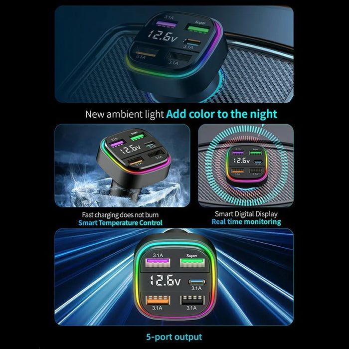 K34 5 Port USB Car Charger(4 USB+Type C) Cigarette Lighter Adapter with LED Display - Black - 4