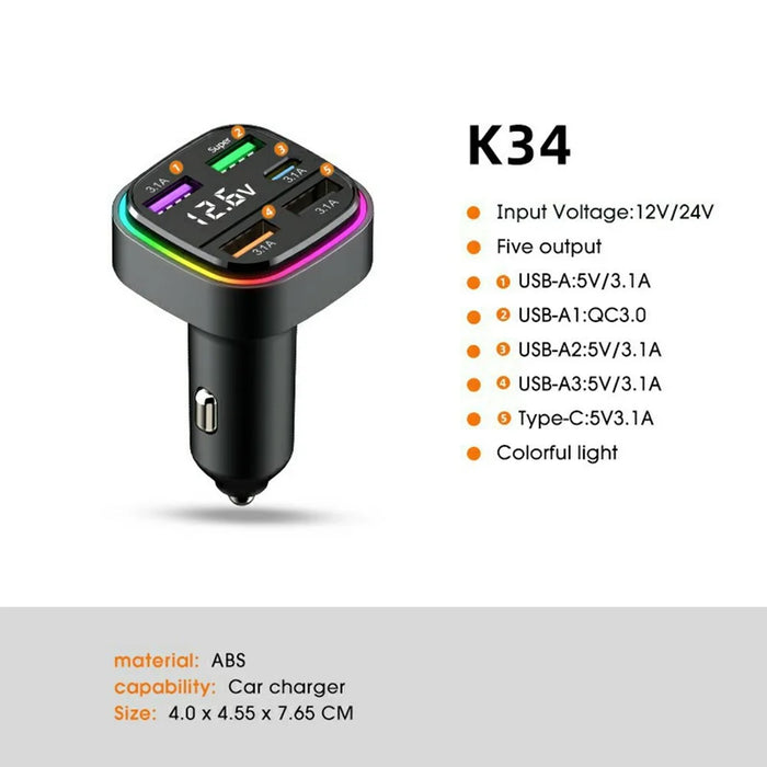 K34 5 Port USB Car Charger(4 USB+Type C) Cigarette Lighter Adapter with LED Display - Black - 5