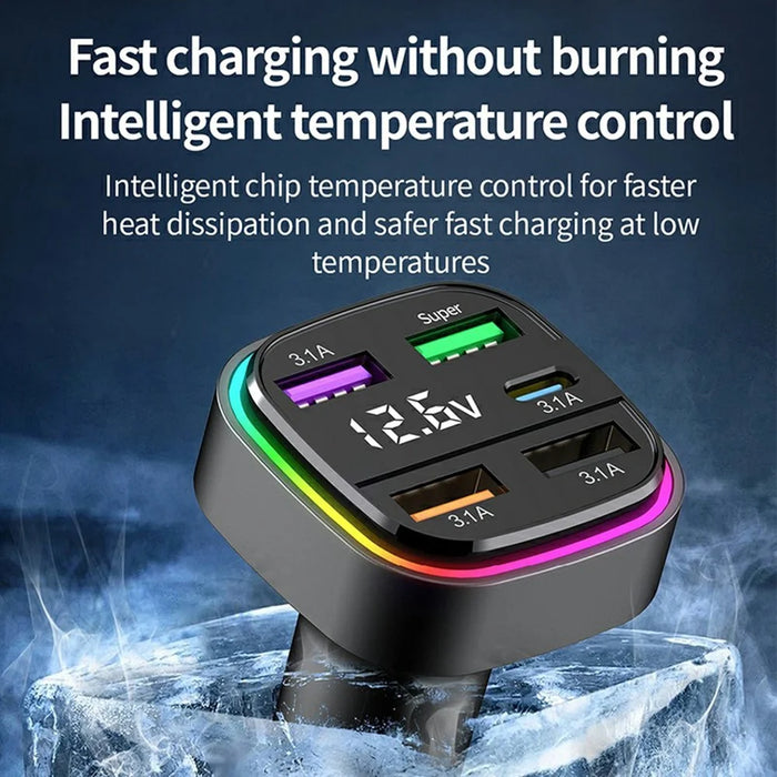 K34 5 Port USB Car Charger(4 USB+Type C) Cigarette Lighter Adapter with LED Display - Black - 6