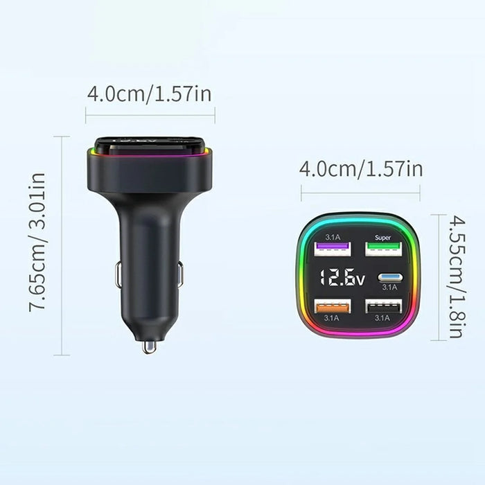 K34 5 Port USB Car Charger(4 USB+Type C) Cigarette Lighter Adapter with LED Display - Black - 7