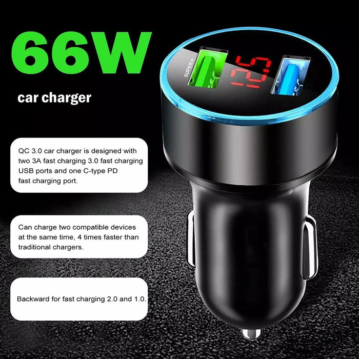 66W Dual USB Phone Fast Charging Adapter Voltage Digital Display Car Charger - 2