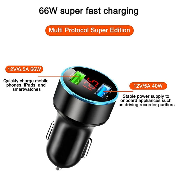 66W Dual USB Phone Fast Charging Adapter Voltage Digital Display Car Charger - 5