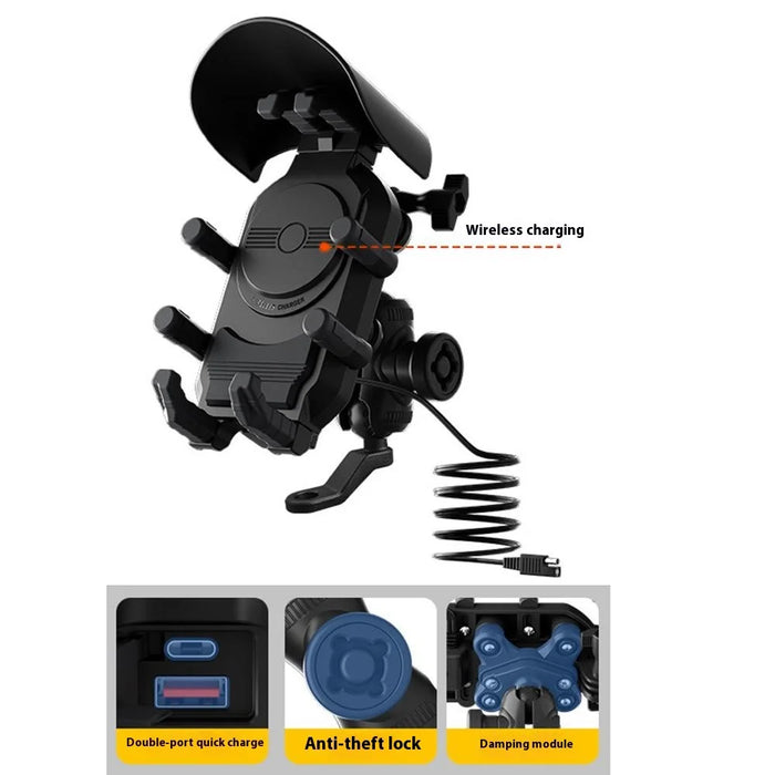 WUPP CS-2056A1 Motorcycle Phone Holder with USB-A+Type-C+Wireless 3-in-1 Charging, Mirror Mount - 2