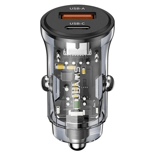USAMS US-CC164 C32 PD 30W Fast Charger Transparent USB-A + Type-C Mini Car Charger with Blue Backlight - Black - 1