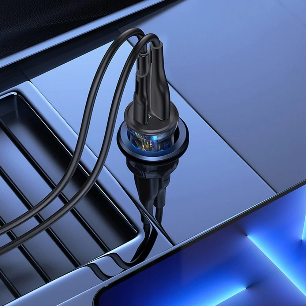 USAMS US-CC164 C32 PD 30W Fast Charger Transparent USB-A + Type-C Mini Car Charger with Blue Backlight - Black - 2