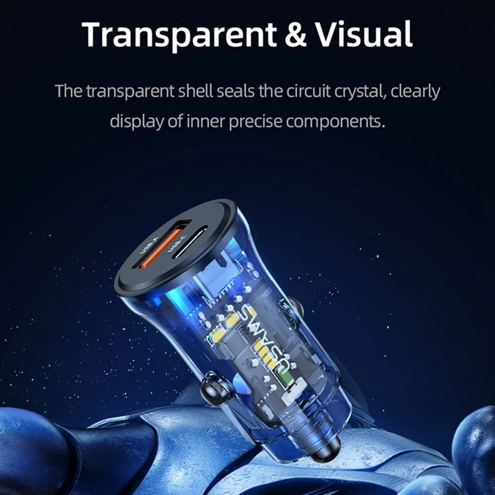 USAMS US-CC164 C32 PD 30W Fast Charger Transparent USB-A + Type-C Mini Car Charger with Blue Backlight - Black - 3