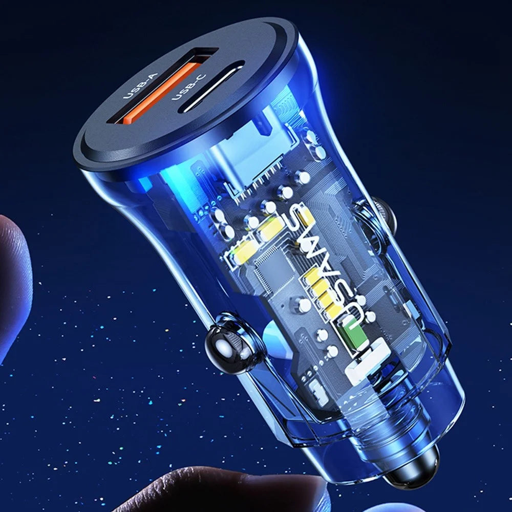 USAMS US-CC164 C32 PD 30W Fast Charger Transparent USB-A + Type-C Mini Car Charger with Blue Backlight - Black - 5