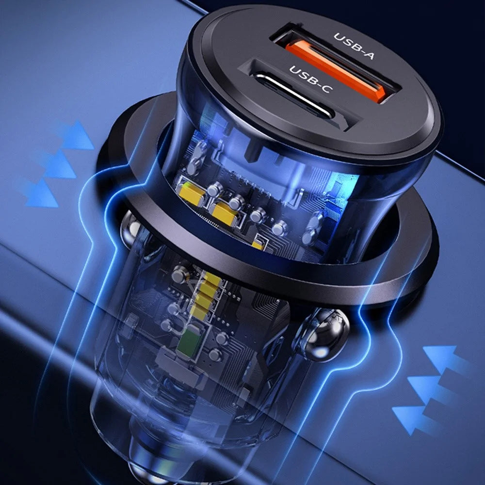 USAMS US-CC164 C32 PD 30W Fast Charger Transparent USB-A + Type-C Mini Car Charger with Blue Backlight - Black - 7