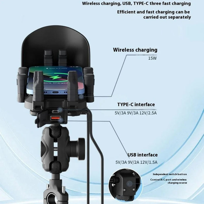 WUPP CS-2056A2 Motorcycle Phone Holder Wireless Charging Phone Stand, Handlebar Mount - 6
