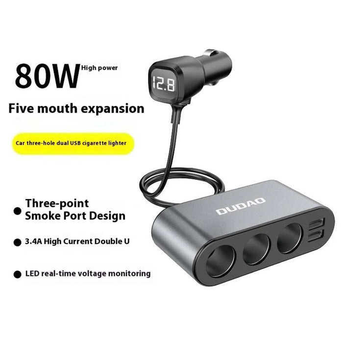DUDAO R1Pro 80W Car Charger 2 USB Ports + 3 Cigarette Lighter Sockets Adapter - 2
