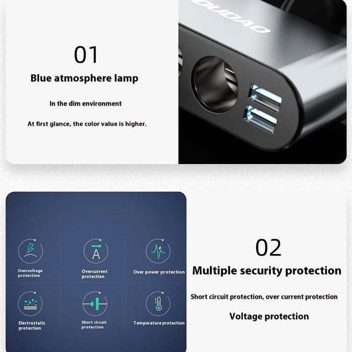 DUDAO R1Pro 80W Car Charger 2 USB Ports + 3 Cigarette Lighter Sockets Adapter - 6