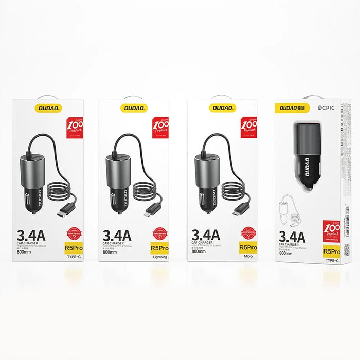 DUDAO R5Pro 3.4A USB Phone Charging Adapter Car Charger with Built-In Cable - Type-C Cable - 6