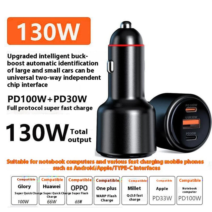 USB + Dual Type-C Phone Fast Charging Adapter PD 100W + PD 30W Aluminum Alloy Car Charger - 2