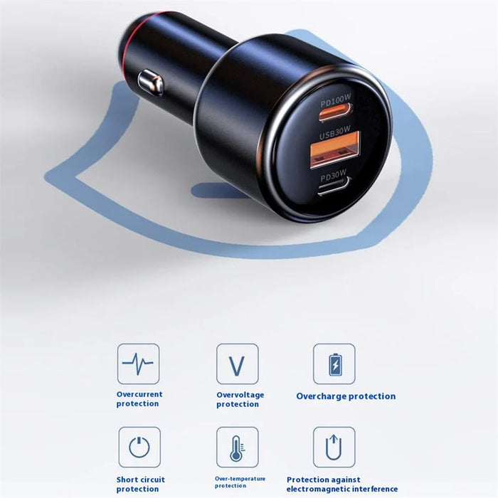 USB + Dual Type-C Phone Fast Charging Adapter PD 100W + PD 30W Aluminum Alloy Car Charger - 3