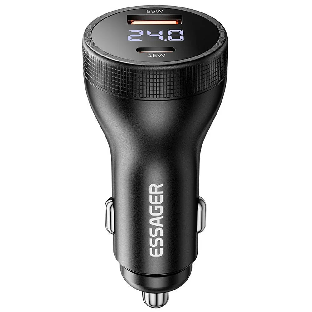 ESSAGER USB A + Type C Car Charger 100W Super Fast Charging Adapter with Digital Display - Black - 1
