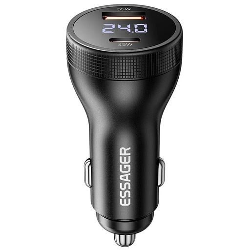 ESSAGER USB A + Type C Car Charger 100W Super Fast Charging Adapter with Digital Display - Black - 1