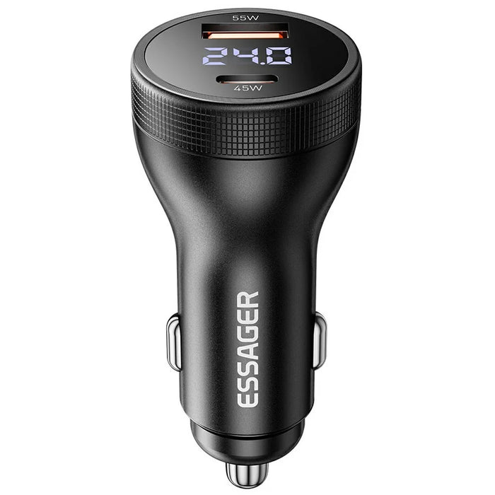 ESSAGER USB A + Type C Car Charger 100W Super Fast Charging Adapter with Digital Display - Black - 1