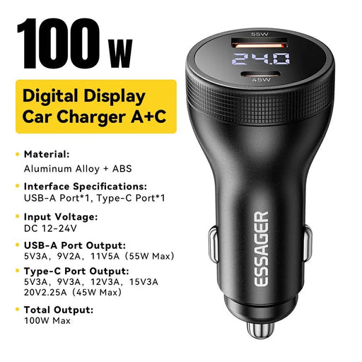 ESSAGER USB A + Type C Car Charger 100W Super Fast Charging Adapter with Digital Display - Black - 2