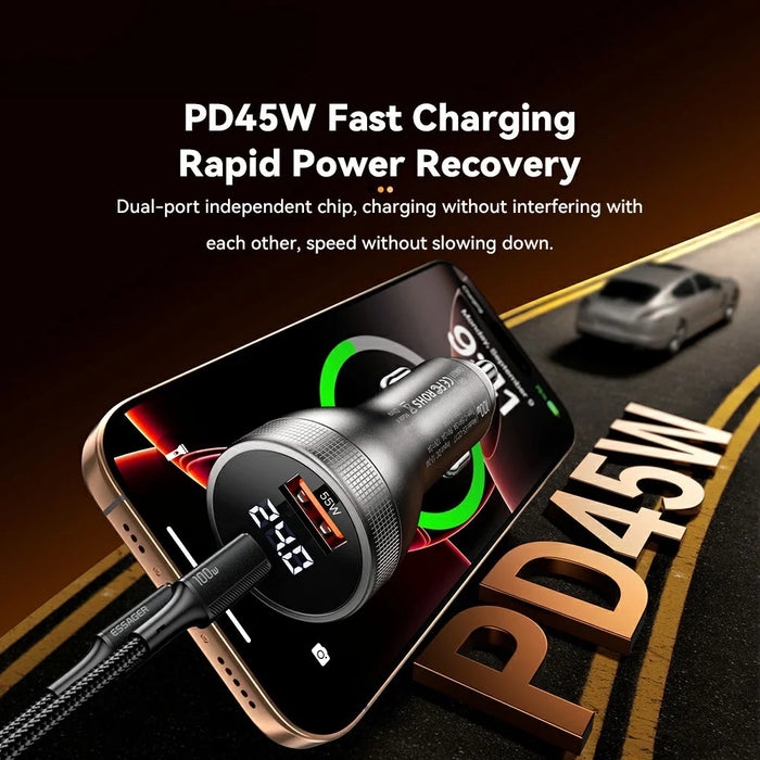 ESSAGER USB A + Type C Car Charger 100W Super Fast Charging Adapter with Digital Display - Black - 3