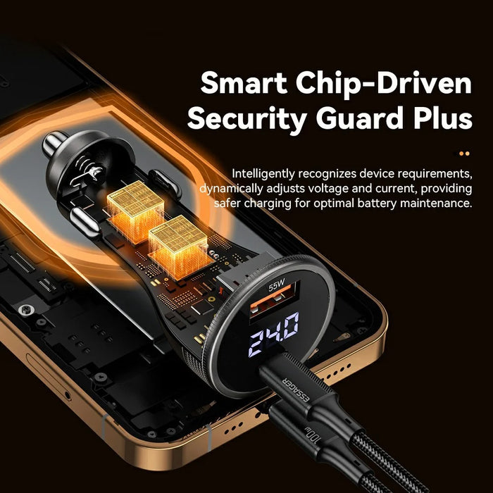 ESSAGER USB A + Type C Car Charger 100W Super Fast Charging Adapter with Digital Display - Black - 6