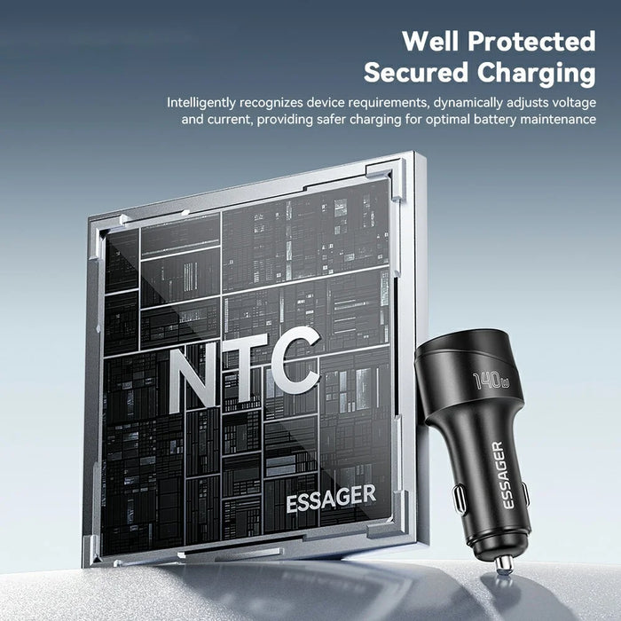 ESSAGER 140W Fast Charging Adapter Digital Display USB A + Type C Car Charger - 7